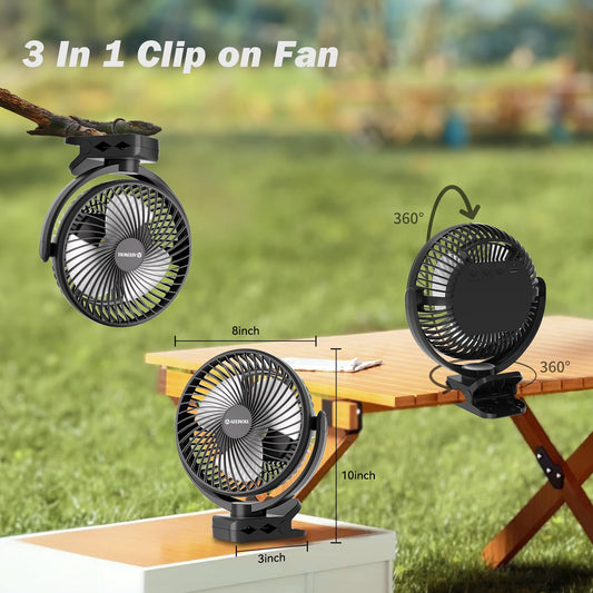 Ateroll Clip-On Fan with Remote, 3 Speeds USB Fan Battery with Timer, 720° rotatable battery-operated desk fan for home.