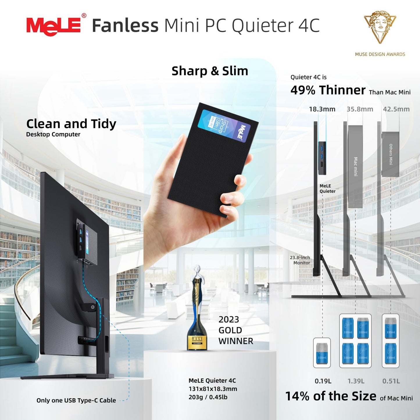 MeLE Quieter4C fanless mini PC featuring 12th Gen Alder Lake N100 CPU (up to 3.4GHz, 4C/4T), 8GB LPDDR4x RAM, 256GB storage, Windows 11 Pro, 4K triple-display support, dual HDMI, WiFi 5, BT5.1, and Ethernet.