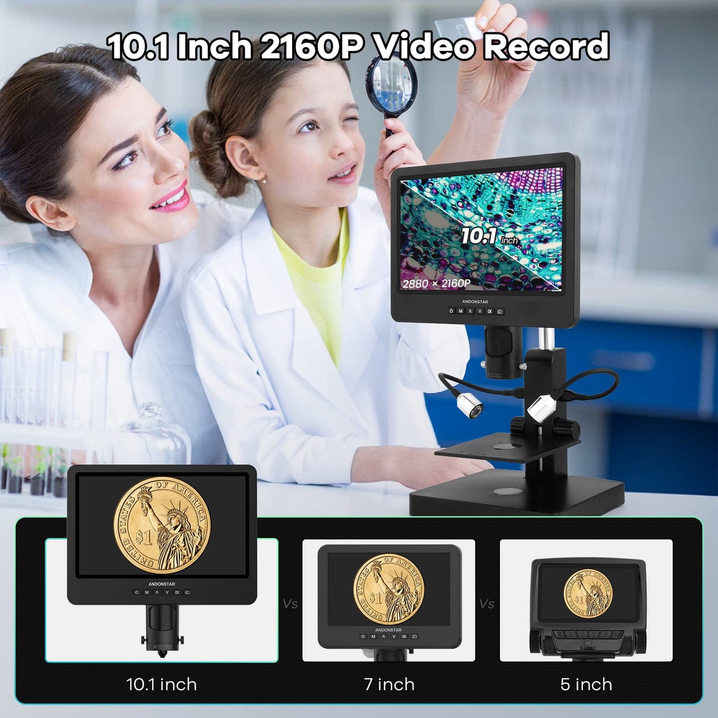Andonstar AD249S-P 10.1 inch HDMI Digital Microscope, 4000 x 3 lens 2160P UHD video recording, biological microscope kit for adults, coin microscope for error coins