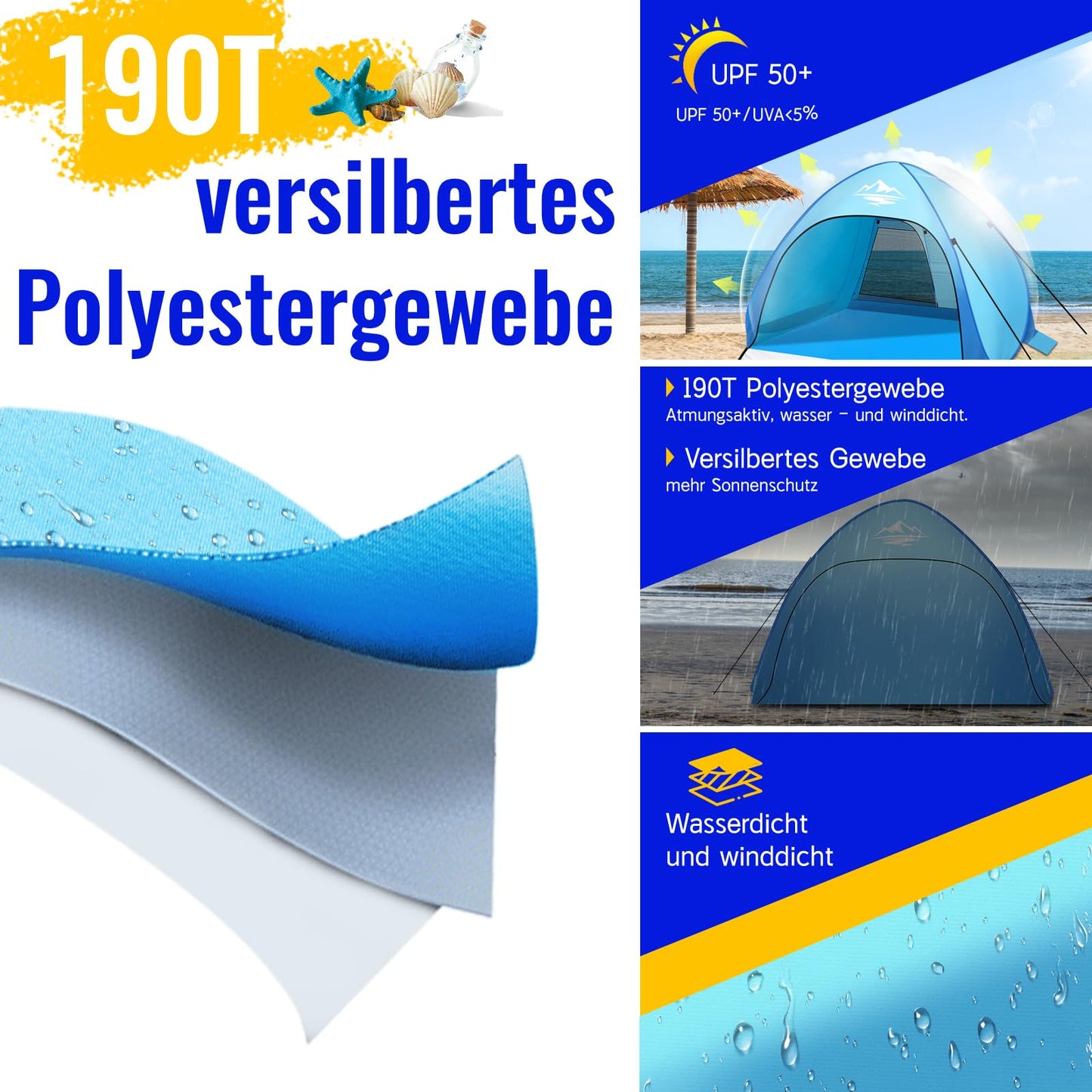 Purebox Beach Shelter Pop Up 3-4 Person Models, Pop Up Beach Shelter with UV Protection, UPF 50+ Beach Tent, Automatic Portable Beach Tent Pop Up Tent for Family Camping Garden Beach 240x200x135cm