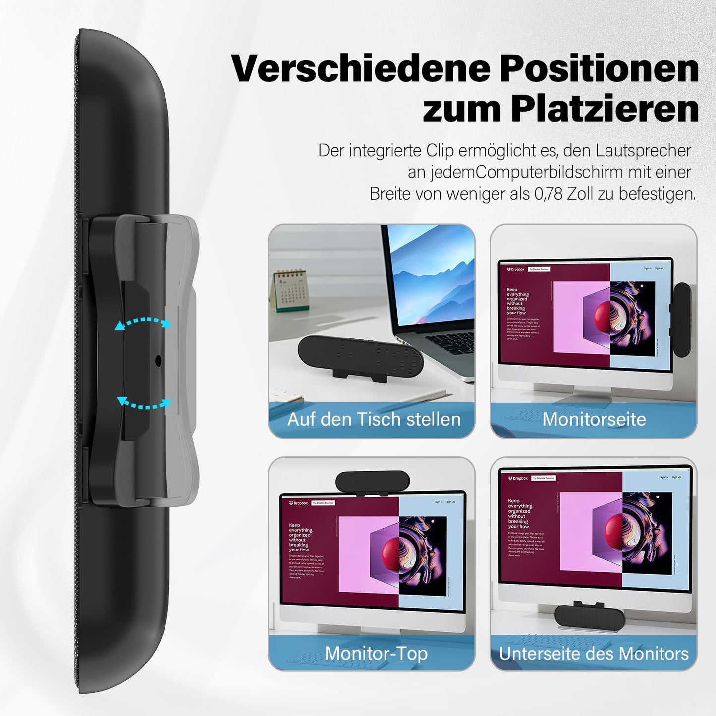 ADELGO PC speakers USB, portable computer speakers for desktop, laptop, mini soundbar speakers with clip-on design for monitor, plug and play