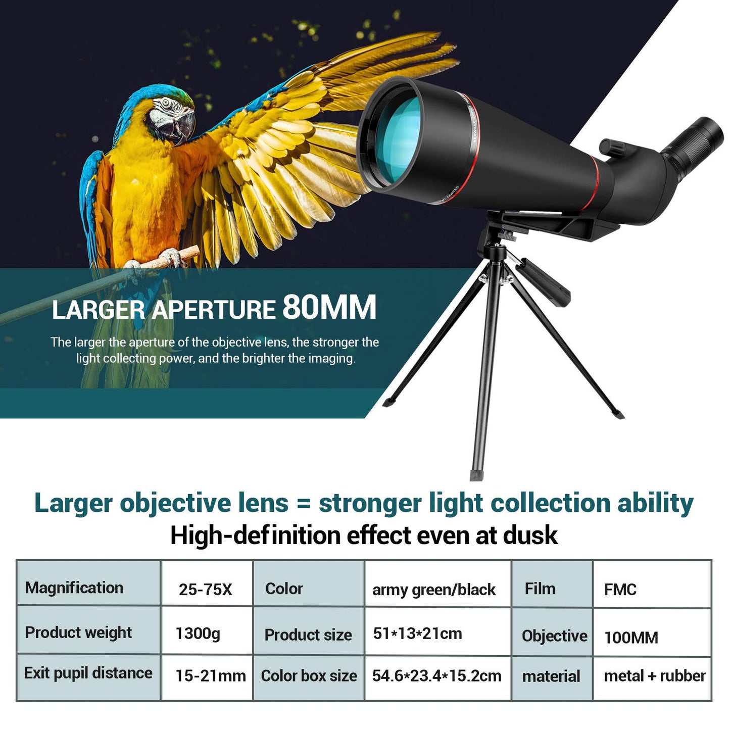 25-75X 100MM Spotting Scope for sports shooting hunting bird watching IPX7 waterproof FMC BAK4 prism with tripod phone adapter Black