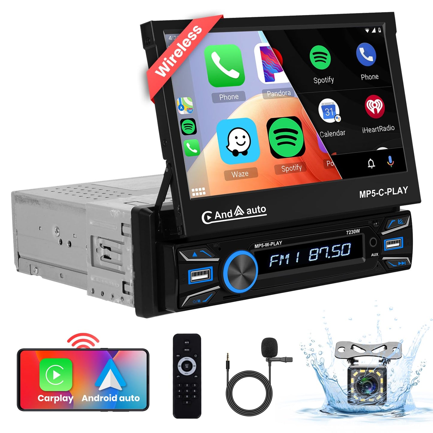 Podofo Wireless Carplay/Android Auto Car Radio 1Din with 7'' Retractable Display Automatic Screen Bluetooth 5.1 Wireless Android Auto FM 2USB/MIC/Type C/With Rearview Camera Steering Wheel Control