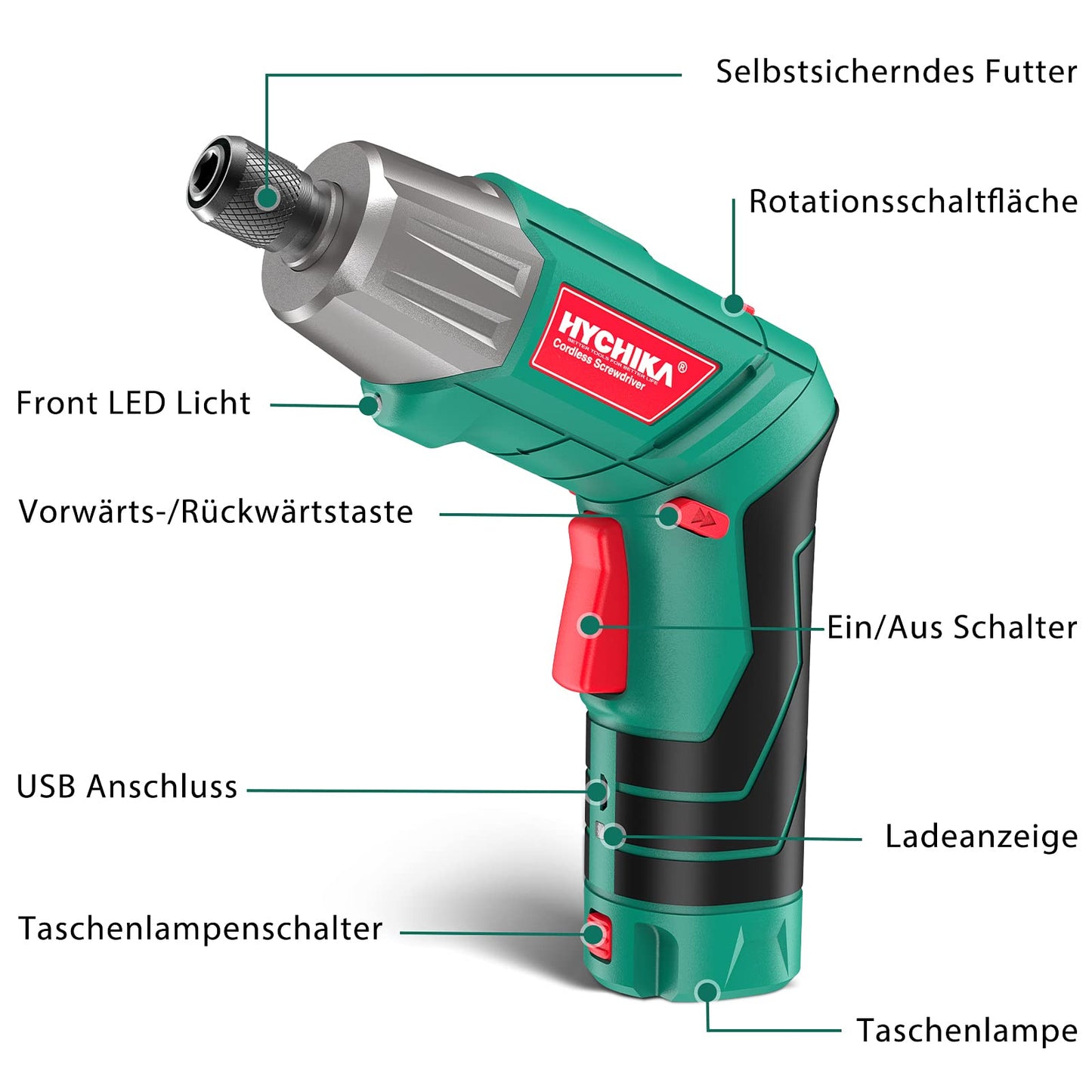 HYCHIKA cordless drill, 6N·m torque 2000mAh 3.6V battery with 35 accessories, LED light and flashlight, battery drill with USB cable and storage box.