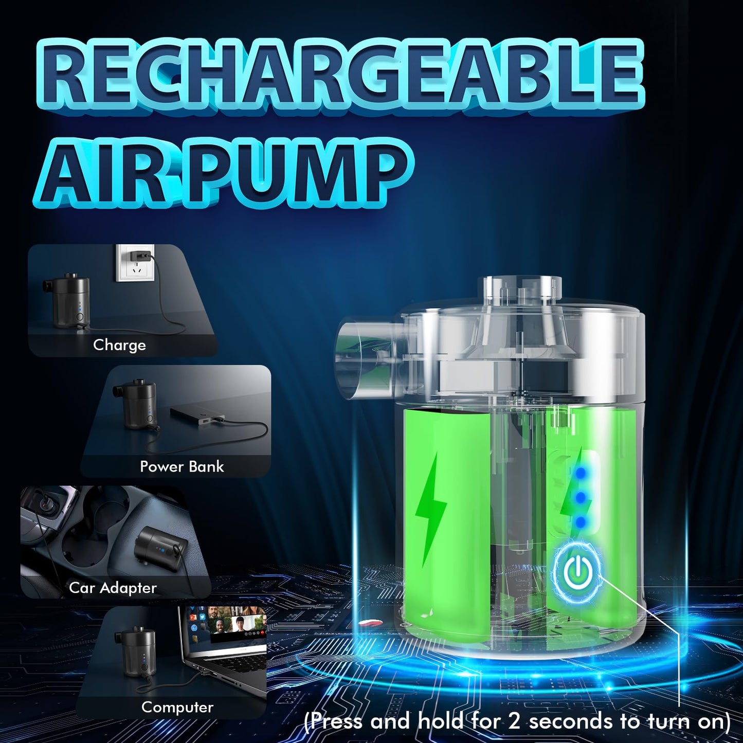 Mojimdo Portable Electric Air Pump, 5000 Pa Pump Battery, 450L/Min, Compact Air Pump with 4 Nozzles, for Camping, Air Mattress, Swim Ring, Air Cushion, Inflatable Boat, Vacuum Bag.