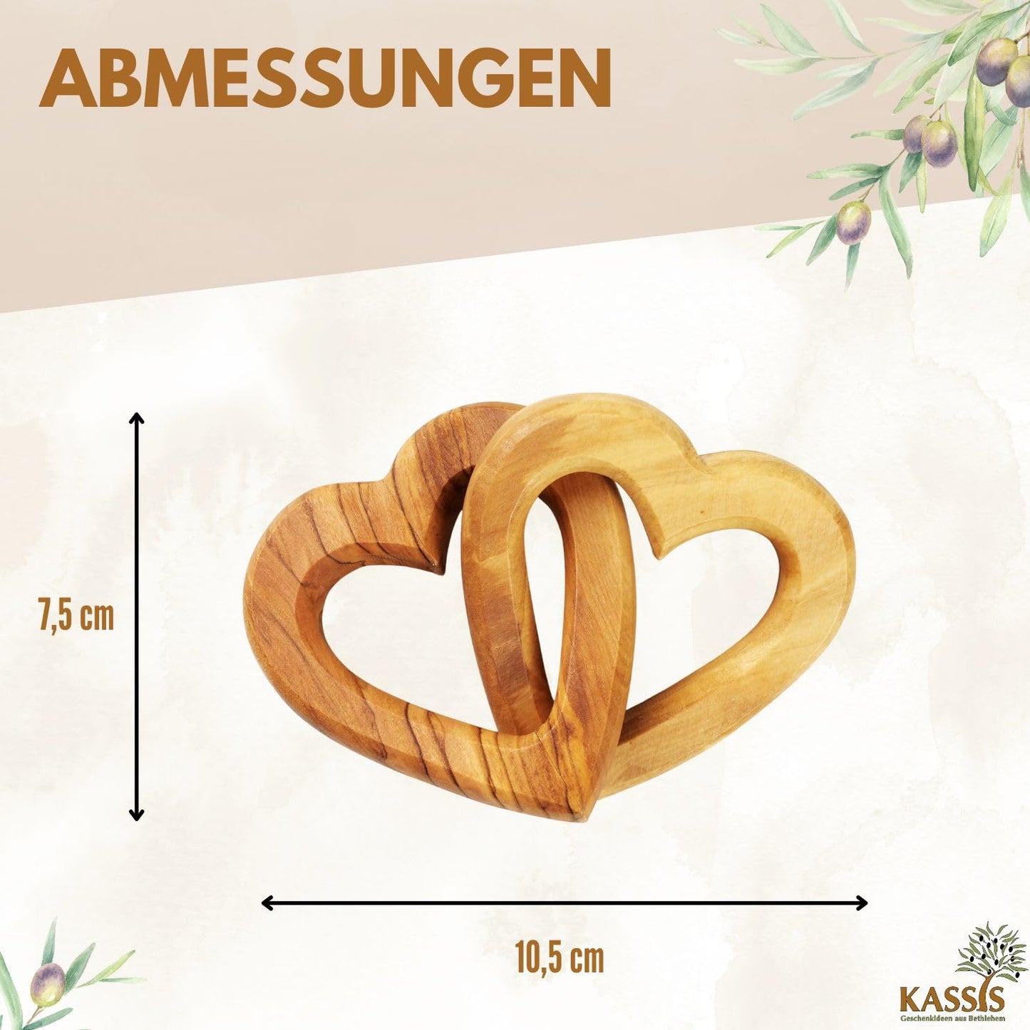 Kassis Gift Items Personalized Olive Wood Hearts for bride and groom, for Valentine's Day, anniversary, wedding day, birthday - connected wooden hearts - wedding gift - (7.50 cm)