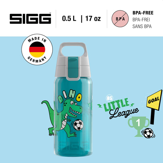 SIGG - Kids Water Bottle - Viva One Football Dino - Suitable for Carbonated Drinks - Leakproof - Dishwasher Safe - BPA-Free - Sports & School - Blue with Soccer Dinosaur - 0.5L