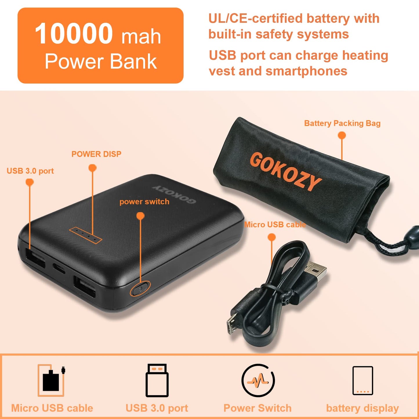 Gokozy Heated Vest for Women with 10000mAh power bank, 5 heat zones, quick heating, intelligent electric lightweight heated vest for mountain climbing and outdoor work.