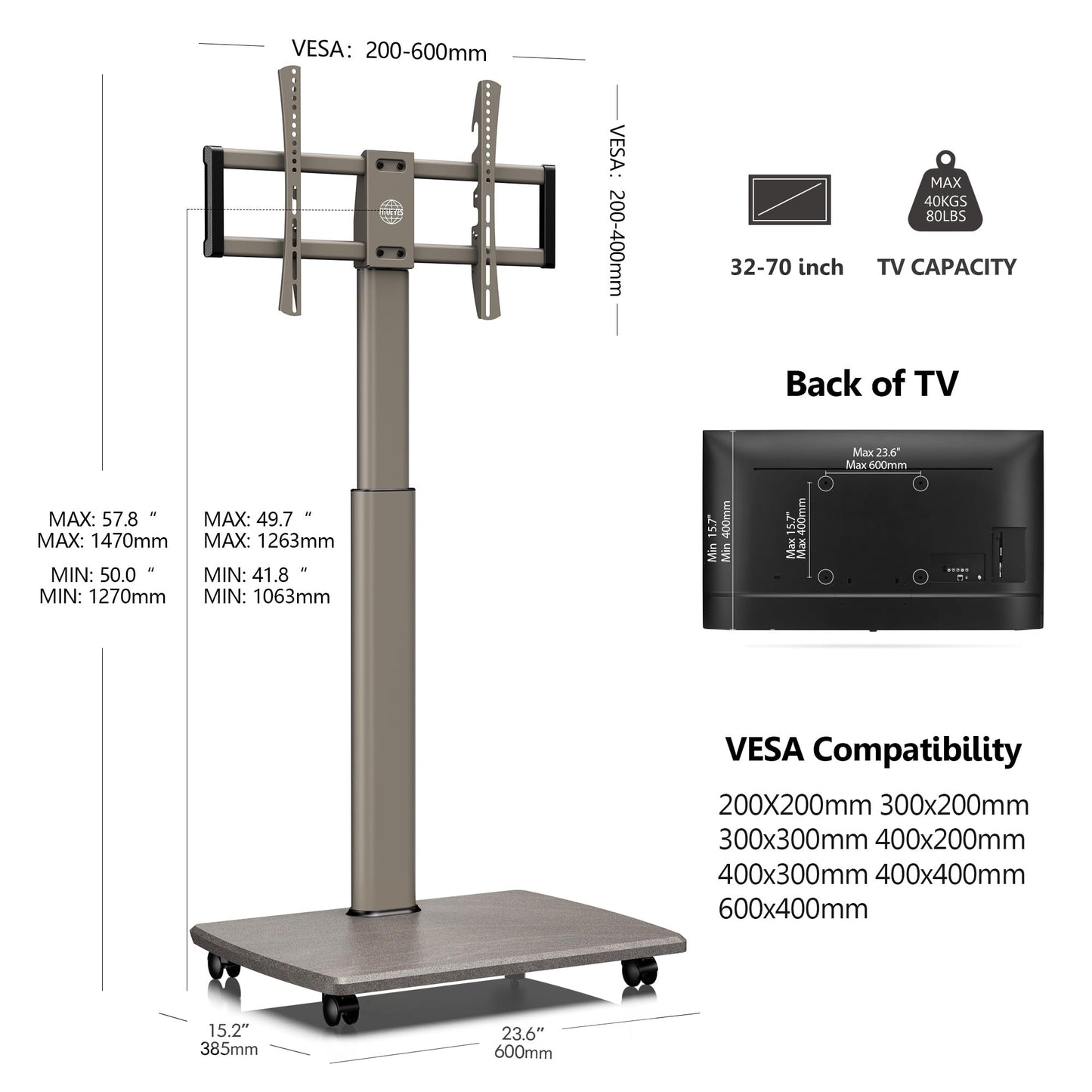 FITUEYES TV Floor Stand with Wooden Shelf TV Base TV Stand TV Stand with Wheels height adjustable swivel for 32 to 70 inch flat screen up to 40kg. Max. VESA. 400 * 600