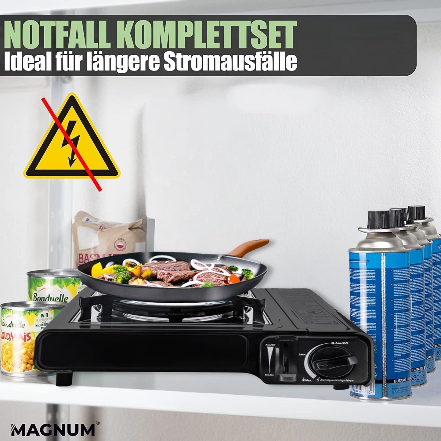 MAGNUM® gas stove incl. 4x gas cartridges and carrying case - camping stove with gas cartridges - camping gas stove complete set with piezo ignition