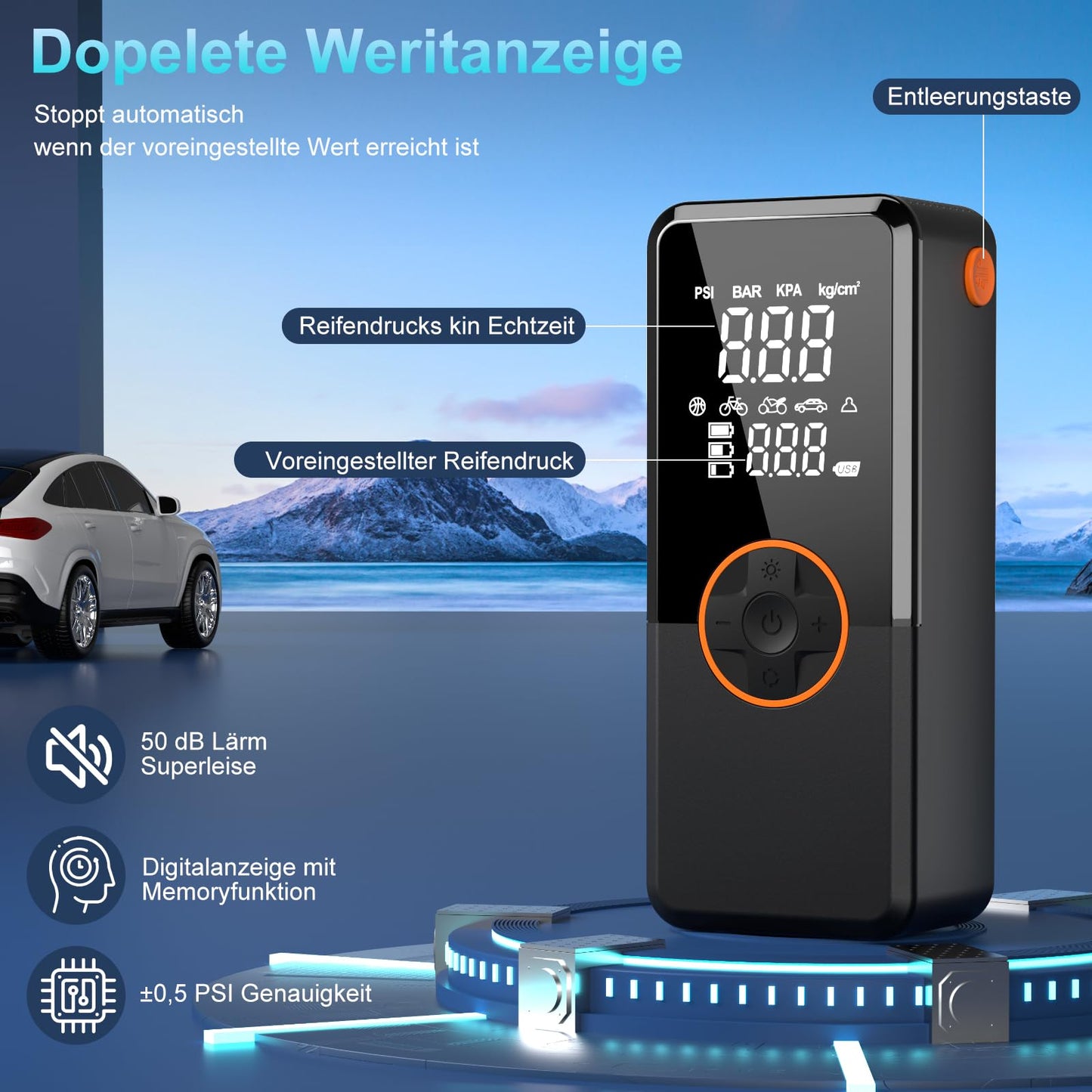 Electric air pump, electric pump with 10000mAh battery, 150PSI portable mini compressor with pressure gauge, electric bike pump with digital LCD screen for bikes, motorcycles, cars & balls.