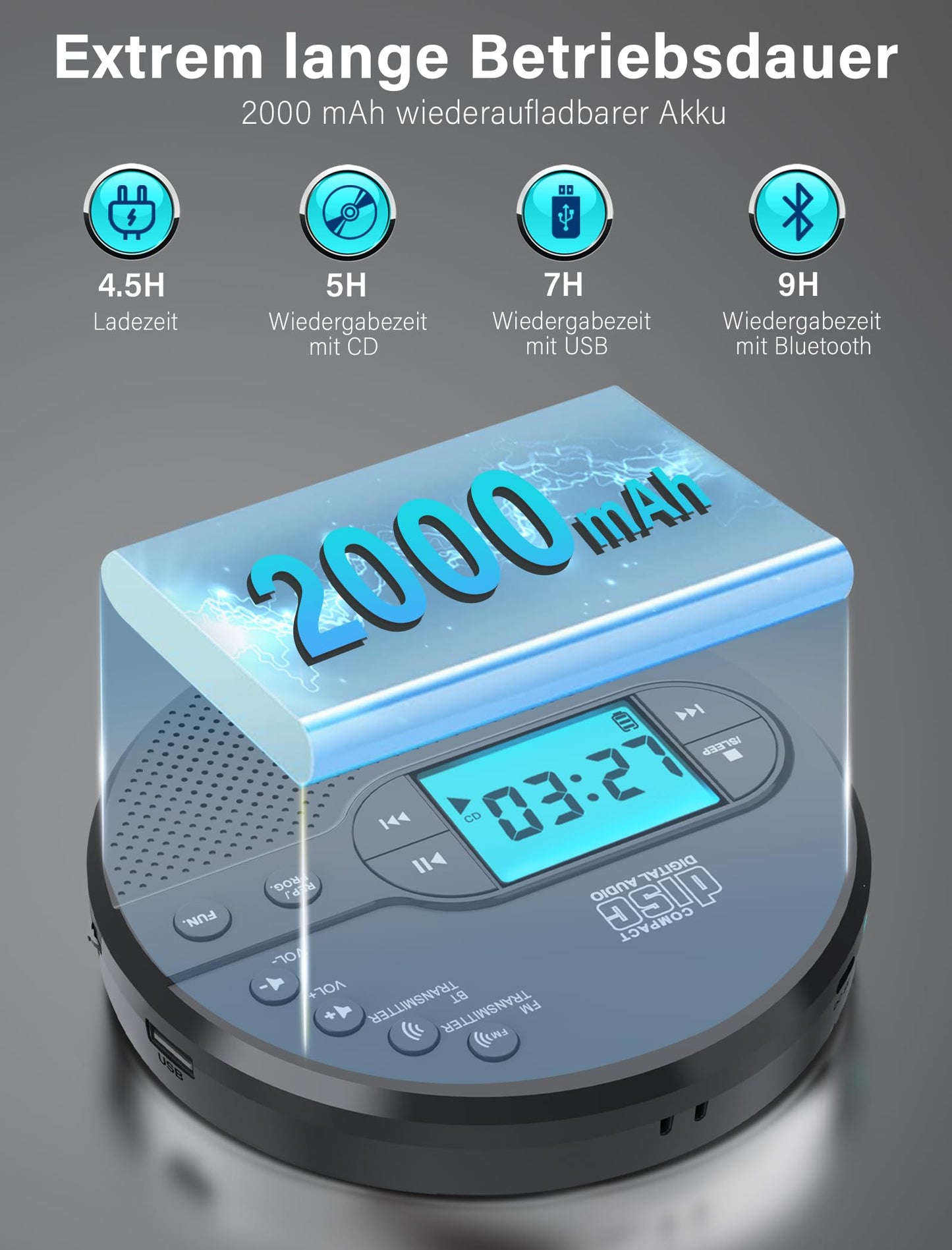 Discman CD player with Bluetooth FM transmitter, headphones, LCD screen, AUX, built-in speaker, USB connection, 2000mAh rechargeable portable CD player with anti-skip protection.