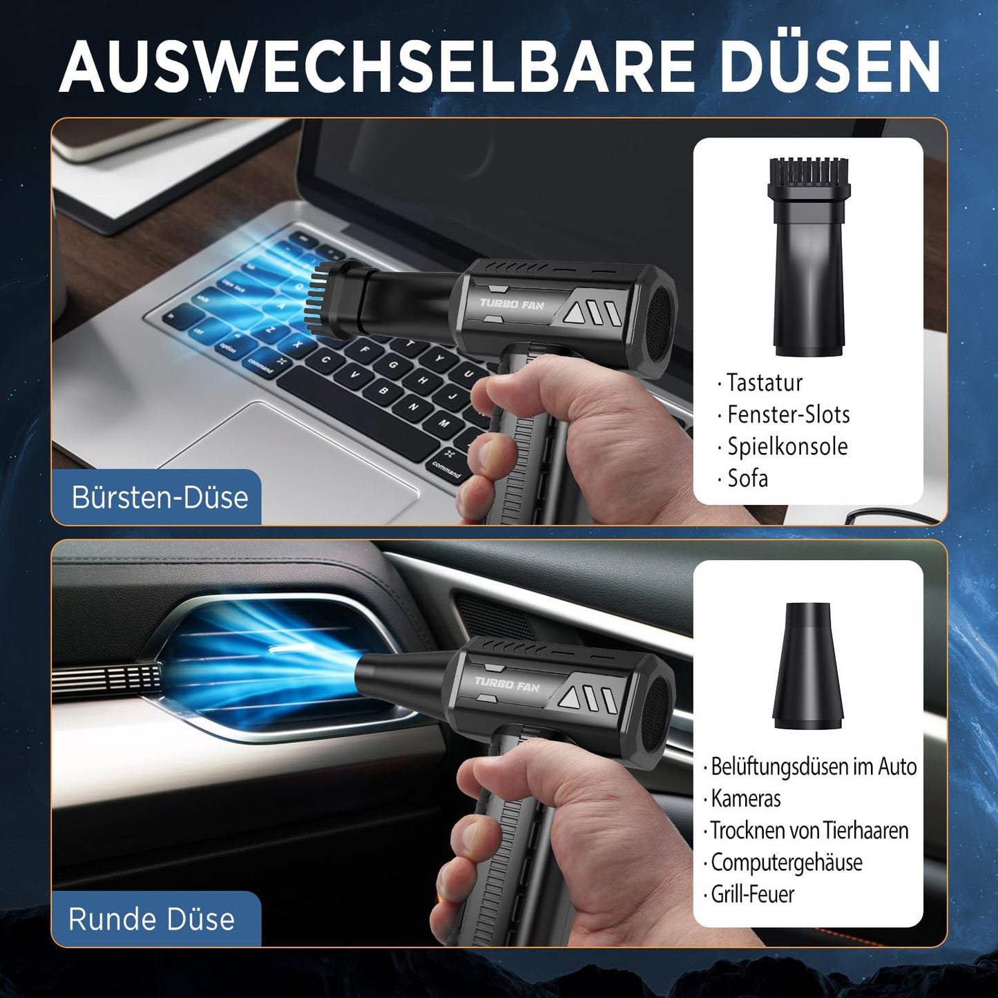 Air duster, 180,000 RPM, cordless, electric, 7500 mAh, rechargeable, brushless motor blower, 3-speed adjustable turbo fan duster for computer, car.
