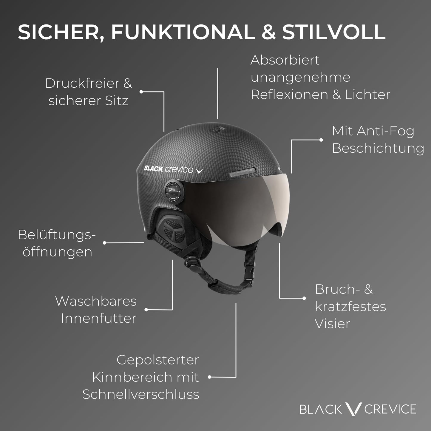 Black Crevice Arlberg ski helmet with 2 visors, carbon black/gray, M/L.