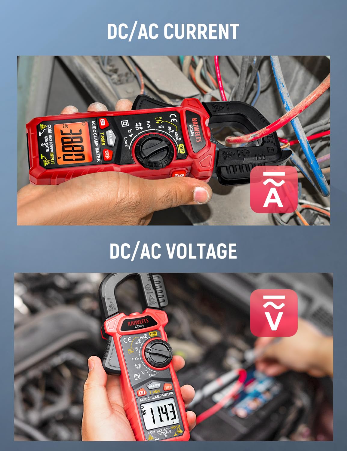 KAIWEETS Clamp Meter AC DC, True-RMS 4000 Count Clamp Multimeter with Flashlight Backlight for measuring AC/DC voltage current temperature continuity diode NCV, KC604.