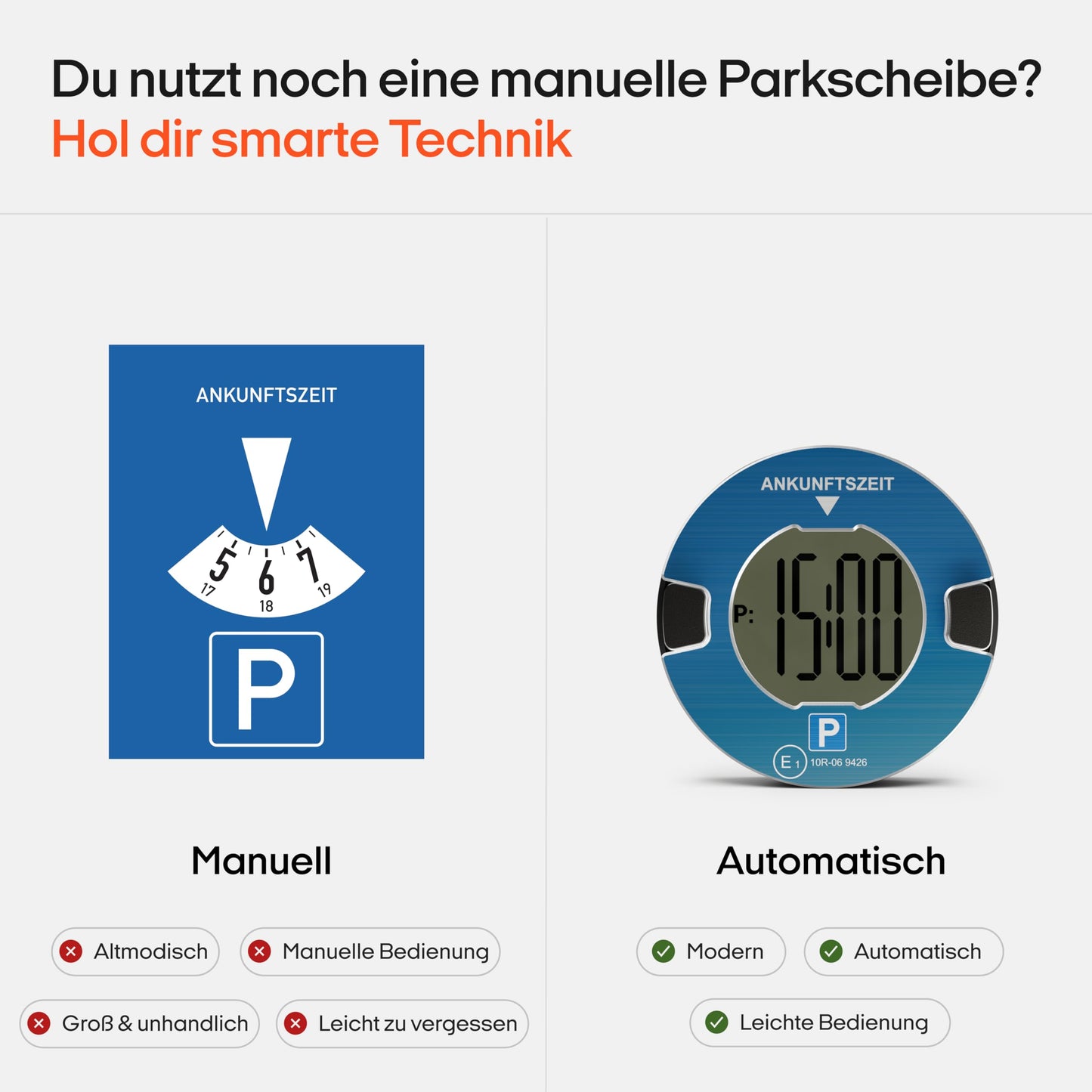 OOONO P-DISC NO1 - Electronic parking disc approved for vehicle use - Automatic digital parking disc with approval from the KBA according to the StVO - Electric parking clock approved for use in cars