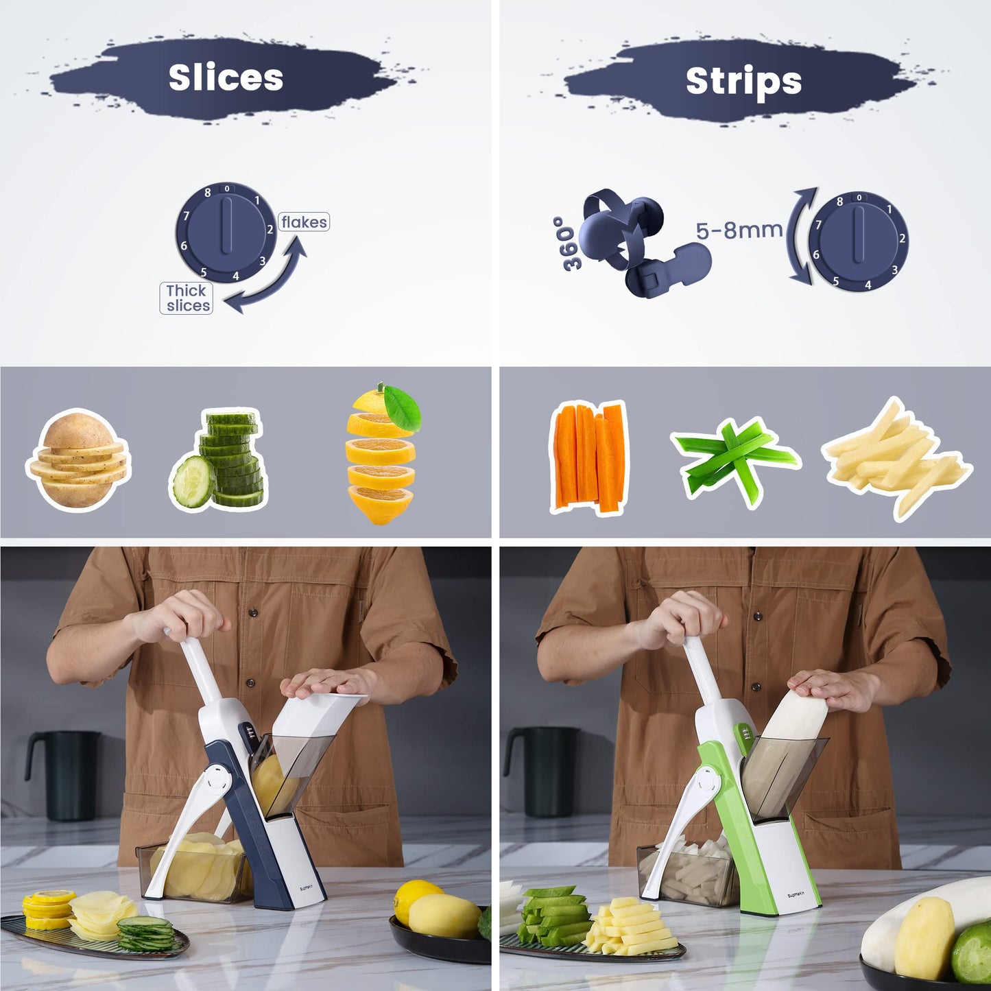 SupMakin Vegetable Slicer, One-Stop Adjustable Vegetable Mandoline Slicer Potato Slicer Cucumber Slicer
