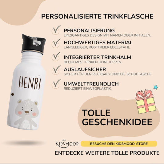 Kidsmood - Personalized stainless steel water bottle for kids, 500ml, leak-proof with straw, dishwasher safe | Great for school & kindergarten or as a back-to-school gift for girls and boys.