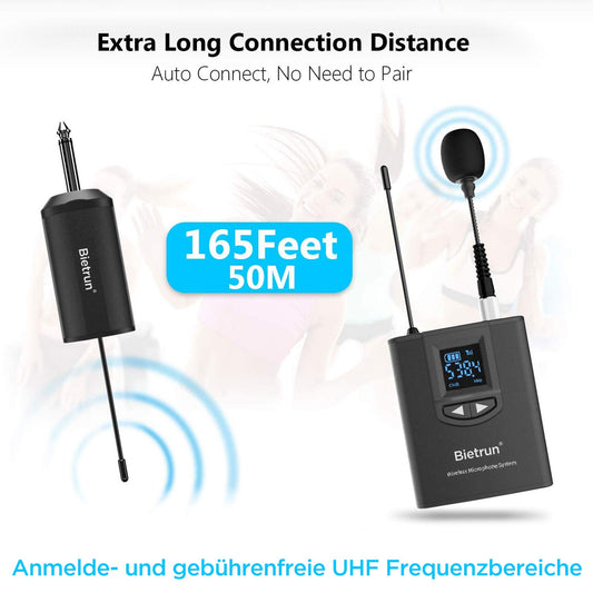 Wireless UHF Lavalier Microphone Headset, rechargeable, 50m range, with 6.35mm/3.5mm plug for amplifiers, PA systems, mixers, PCs, cameras, lectures, vlogs, teaching, interviews.