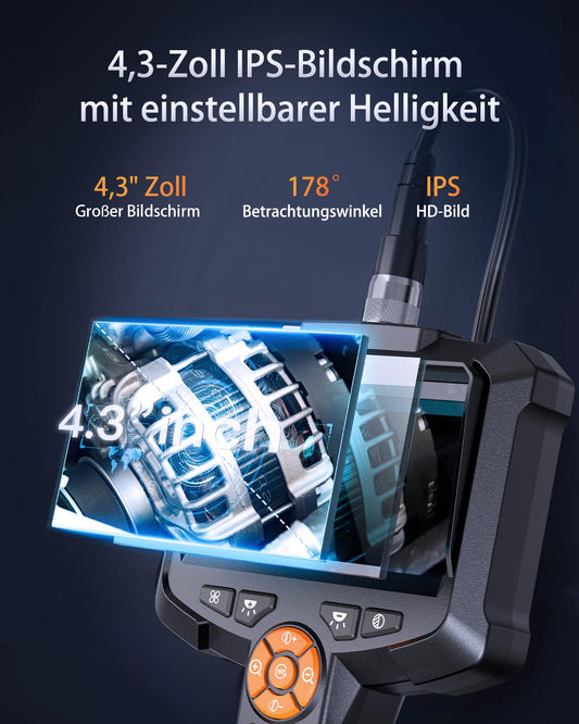 Endoscope camera with light, AOPICK 8mm IP67 waterproof endoscope, 4.3" IPS inspection camera screen, 1080P HD tube camera with 8 adjustable LEDs, 16.5FT/5M semi-rigid cable.