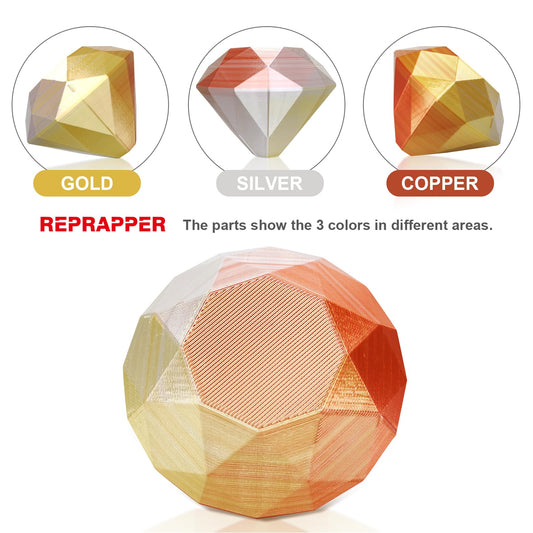 Reprapper Tri-color Silk PLA Filament 1.75mm - 1KG Silk-Look 3D Printer Filament, Shiny PLA Rainbow Swirl in Gold, Silver & Copper, Dimensional Accuracy ±0.03mm, No Tangling