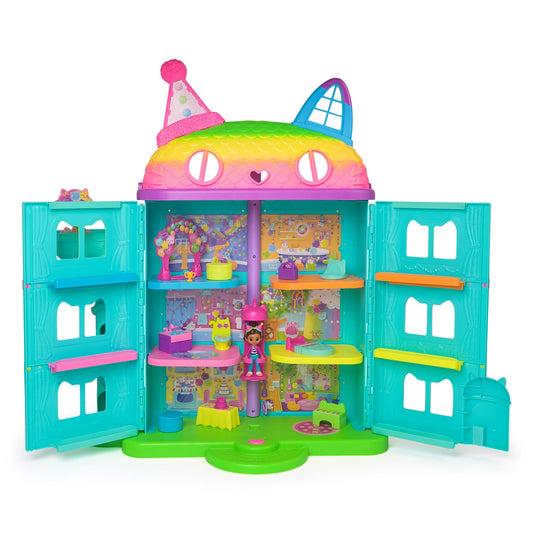 Gabby's Dollhouse, 15-piece Purrfect Party dollhouse playset in rainbow colors, over 60cm with Gabby figure, furniture, and sound effects, for ages 3 and up.