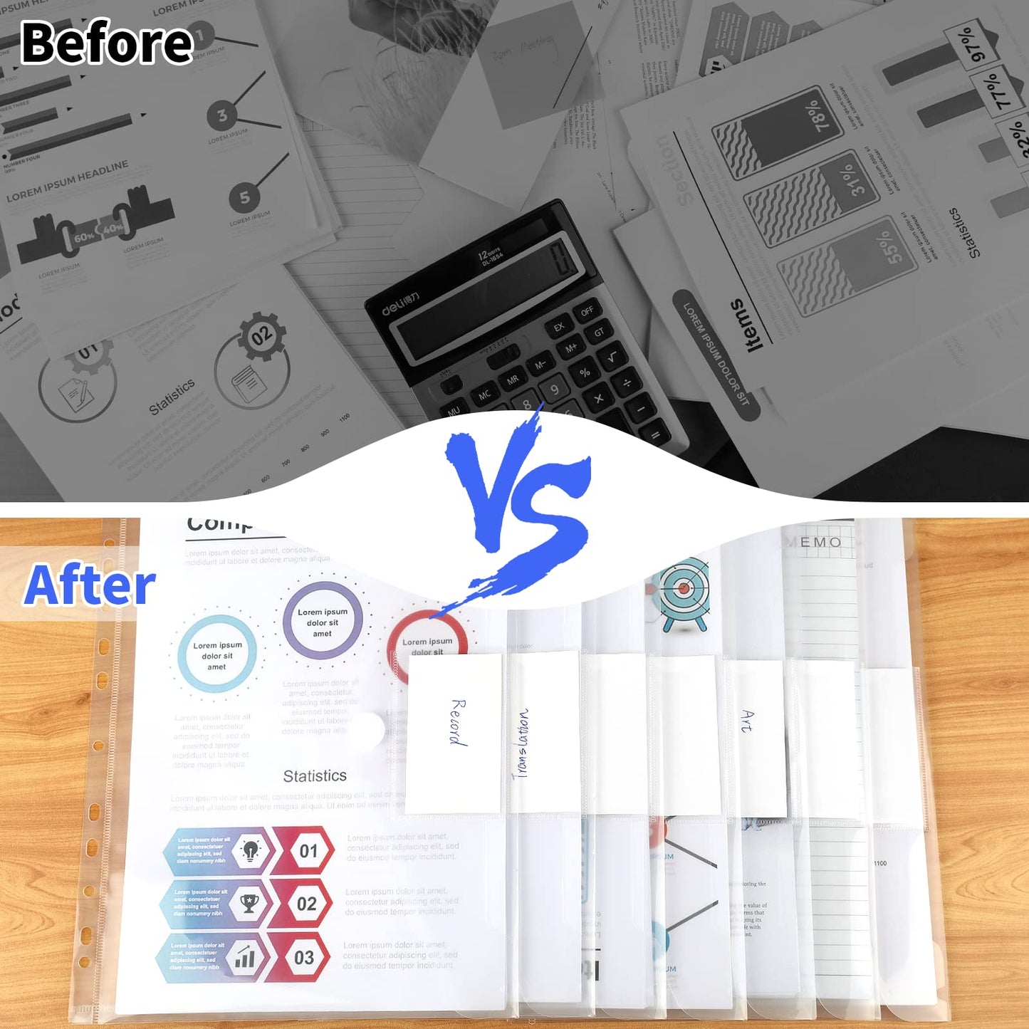 A4 document folder 42 pieces, A4 document bag for filing, Transparent folders with 11 hole border & Velcro closure, Waterproof collecting folders for organizing documents.