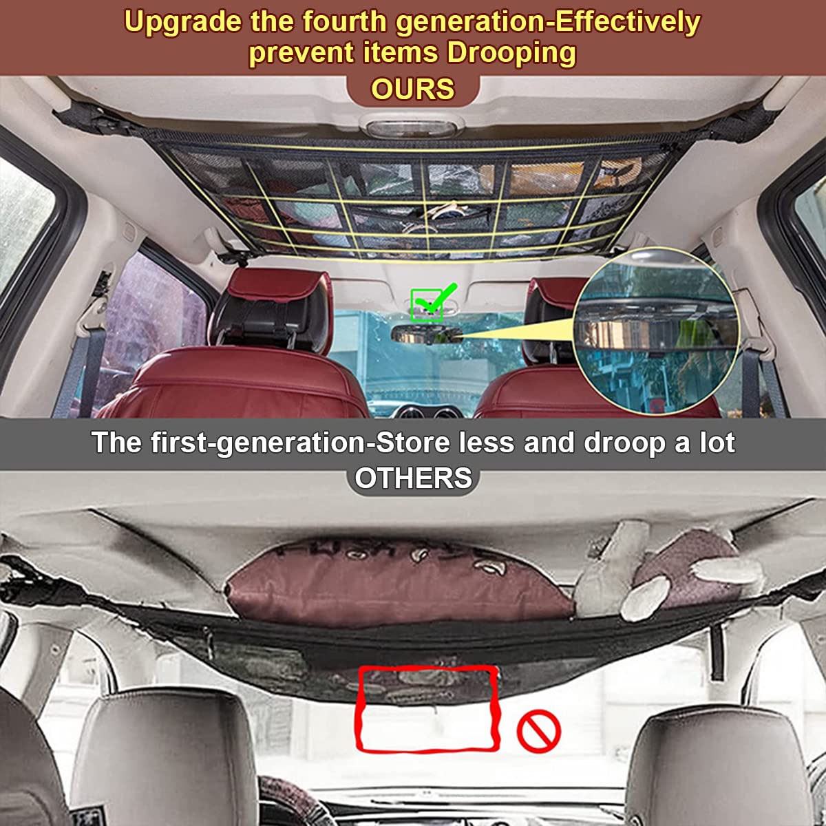Car luggage net for storage, car cargo net, universal car roof luggage net cover, mesh bag with zipper, 90X65CM.