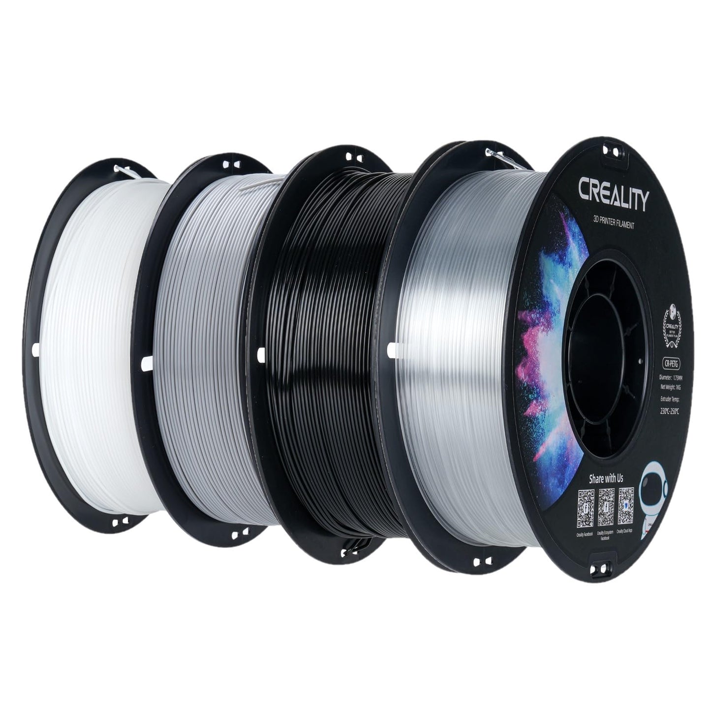 Creality CR-PETG Filament 1.75mm 4kg, 3D printer filament PETG 4 x 1kg spool, White+Black+Grey+Transparent, Dimensional accuracy +/-0.02mm Vacuum packaging