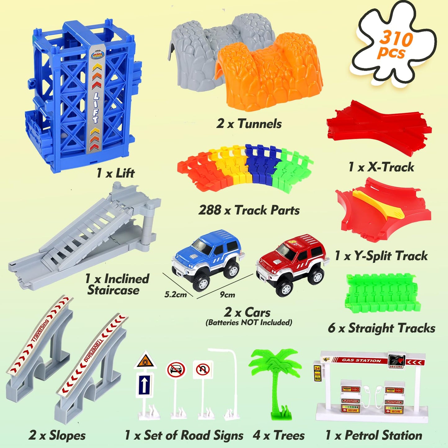 Racing track children's toy for ages 3-5 with 2 toy cars, 309-piece car track raceway for boys ages 3-7, racing gift for boys and girls ages 3-5, 505cm length race track.