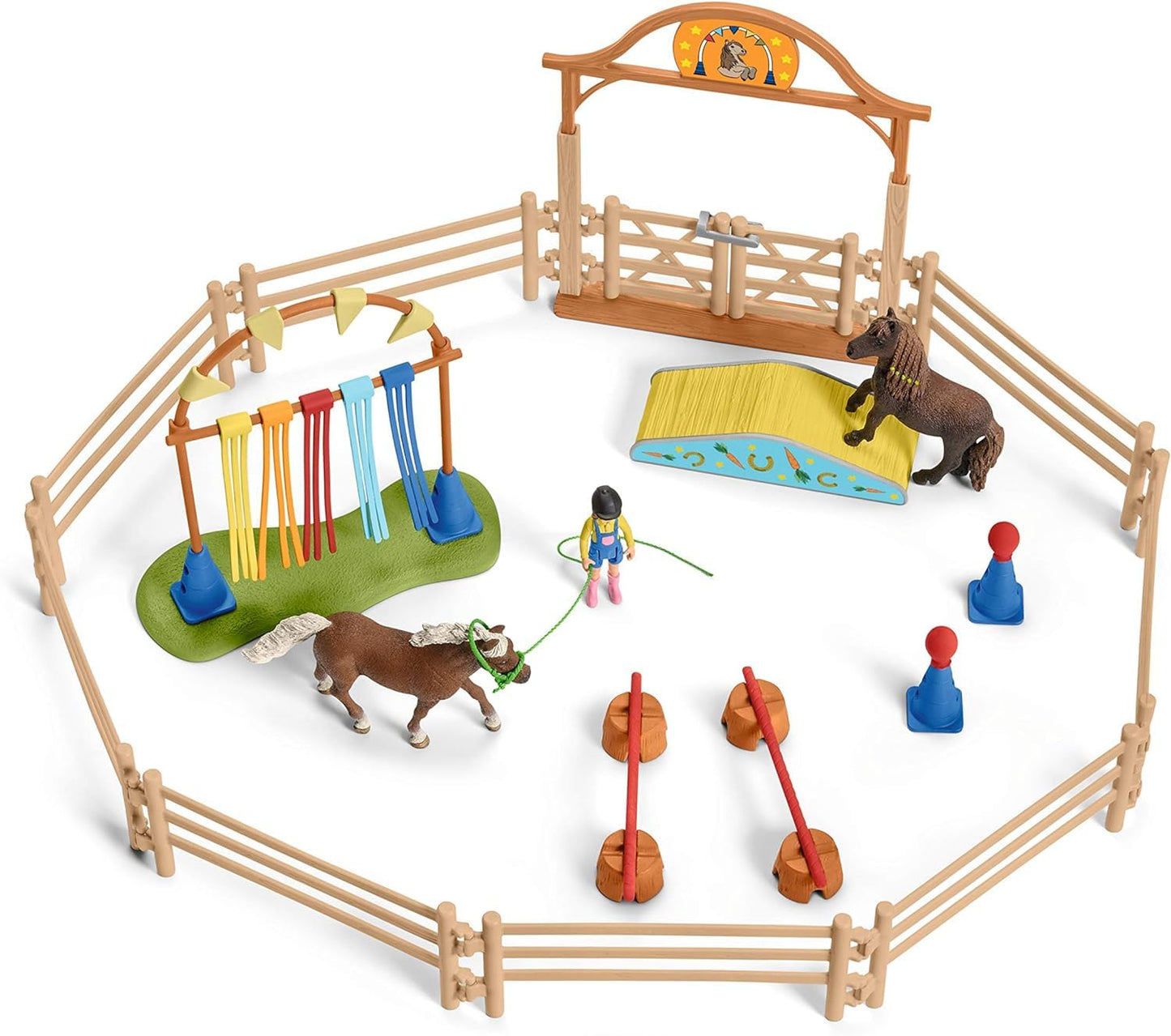 Farm World Pony Agility Starter Set 42481 includes 2 ponies, girl, course & accessories. Combine & kid-friendly designed. Farm toy for kids 3+ years. 41 pieces.