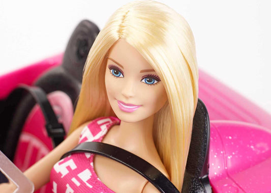 Barbie doll and pink glitter convertible with realistic tires logo, toy for ages 3 and up, DJR55.