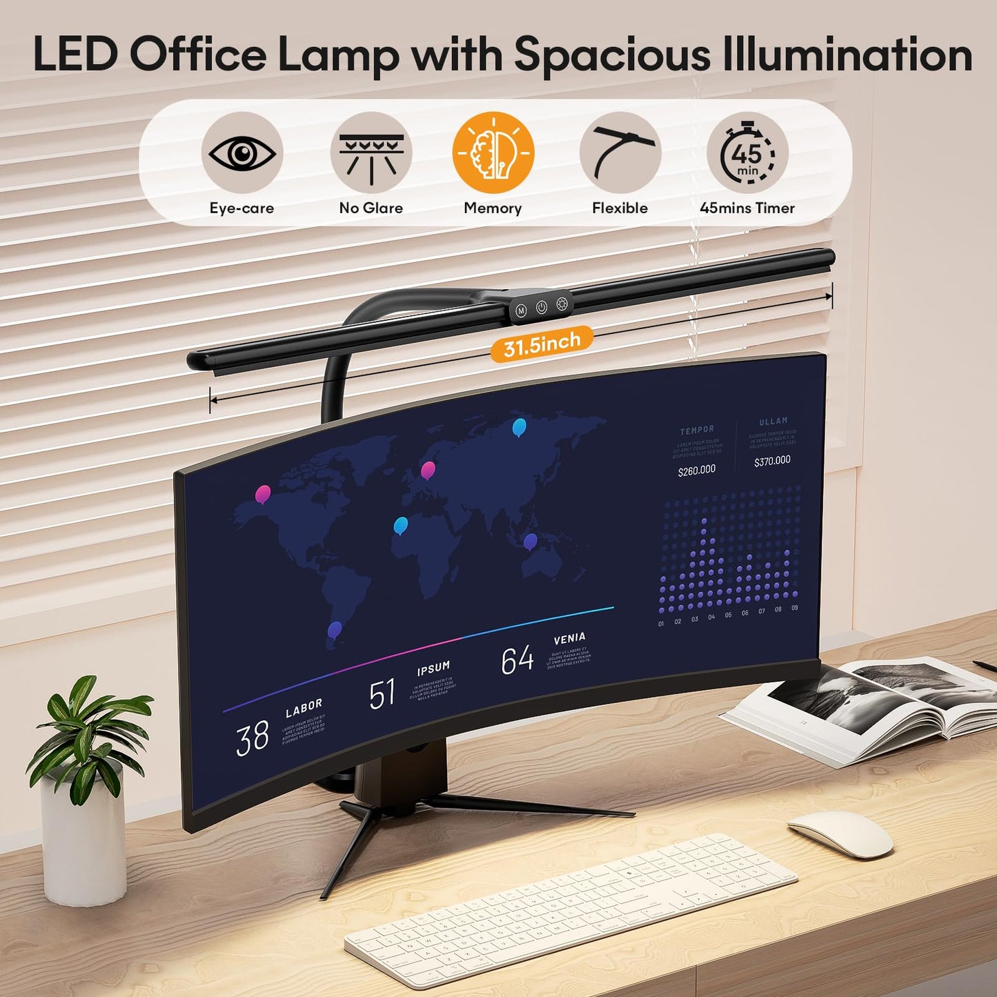 Hokone desk lamps for Home Office, 31.5" wide architect desk lamp with clamp, tall office lamp dimmable, black task light with timer, bright gooseneck lamp for workbench.