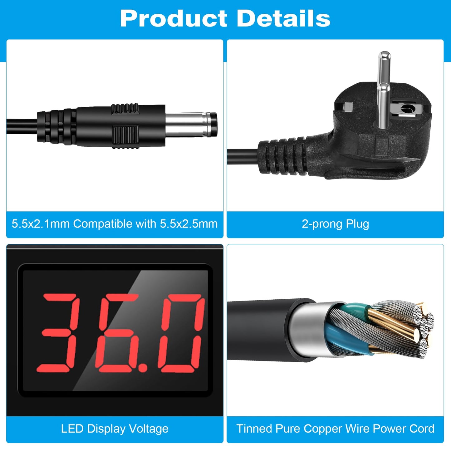 3V-36V Adjustable Power Supply Universal Power Adapter 2A 72W Adjustable Power Adapter 100V-240V AC to DC with LED Voltage Display and 5.5x2.5mm 16Tips for Household Electronics, DC Motor 2A Max