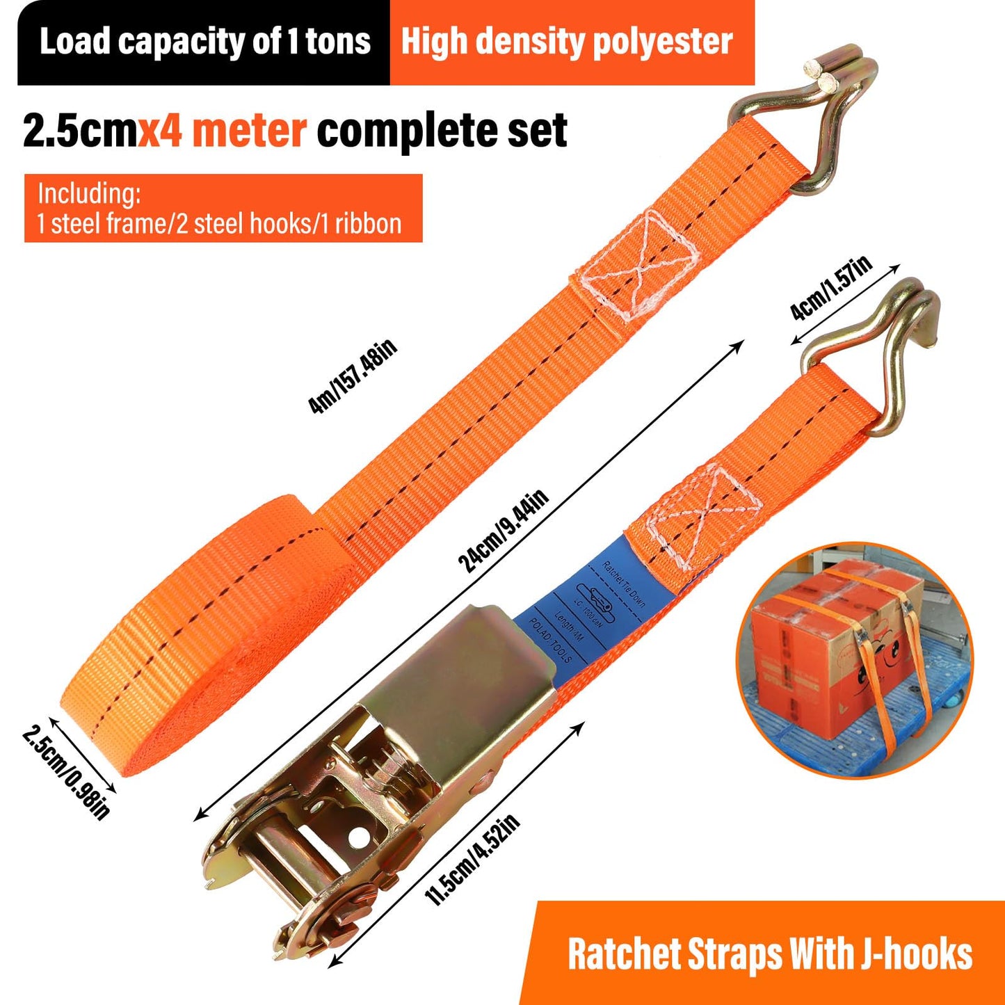 8 pieces of tension straps with hooks ratchet in 4m 1000kg 1T two-part 25 mm ratchet strap lashing straps for cargo securing TÜV/GS certified (Orange)