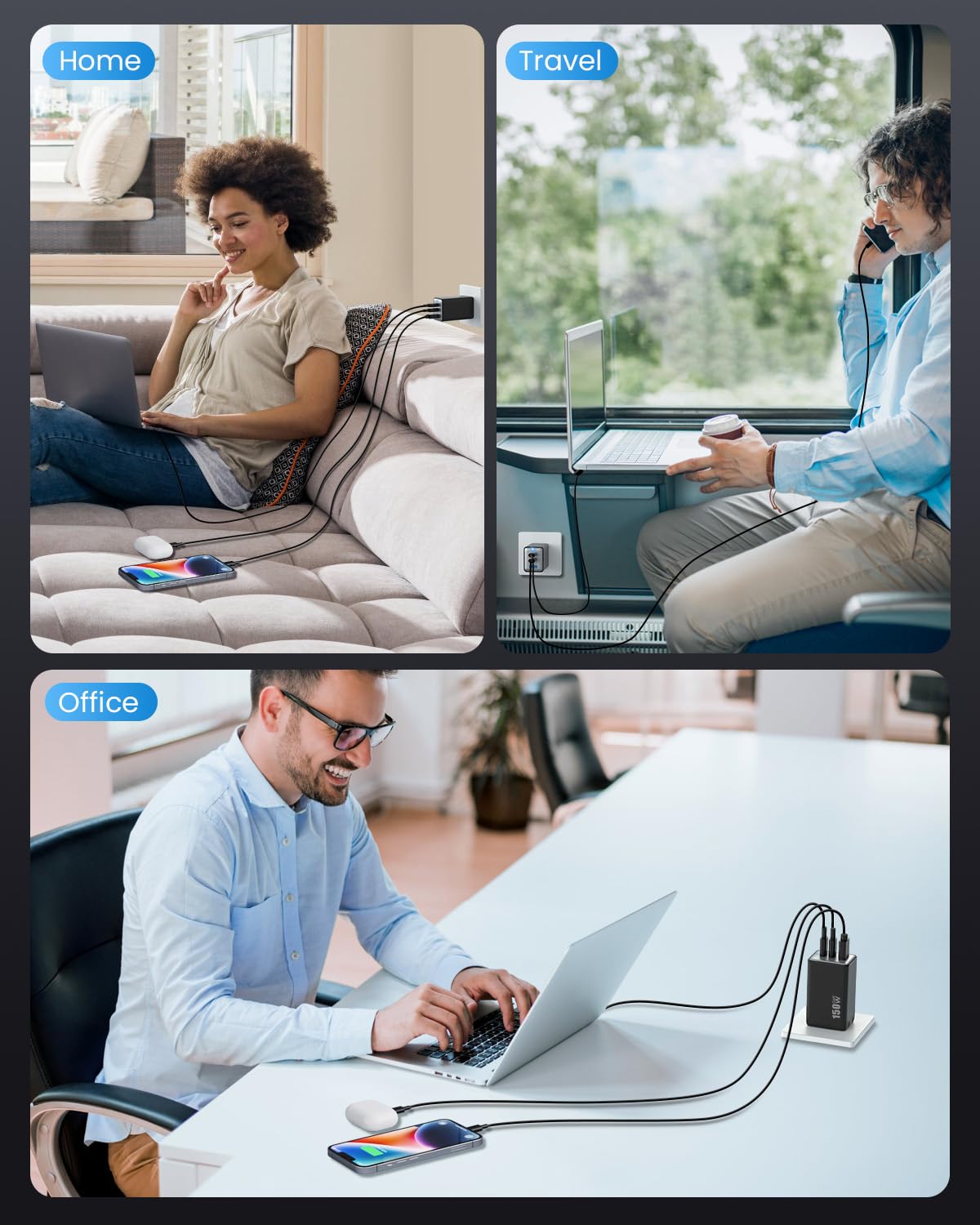 150W USB C charger, 3-port GaN IV Tech USB C power adapter PD+PPS 100W fast charger with laptop charger, multiple USB charger power adapter for MacBook Pro/Air, iPad, iPhone 16/15, Samsung, etc.