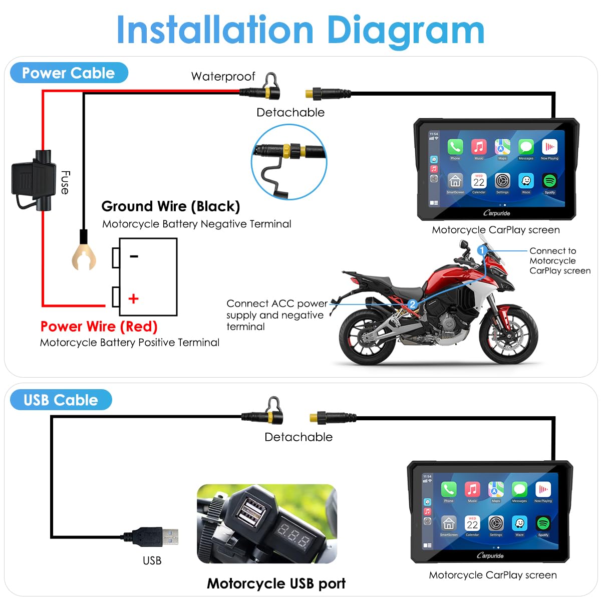 The Carpuride W702 Pro motorbike Carplay screen features intercom function, wireless CarPlay and Android Auto, portable waterproof 7-inch touchscreen, improved dual Bluetooth, navigation, compass.