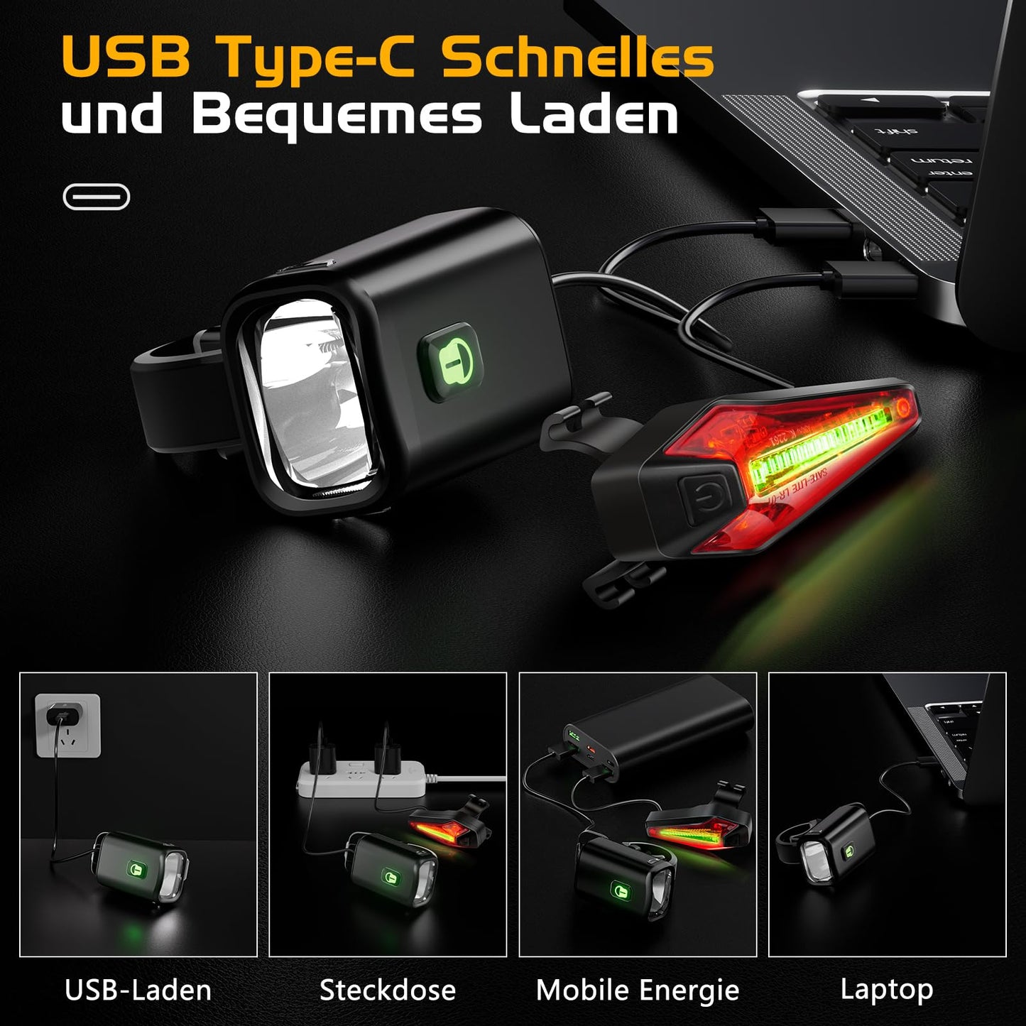 LED bike light set, StVZO approved front and rear bike lights with 1000mAh battery, 50 LUX bike light set USB rechargeable IPX5 waterproof bike lights LED set