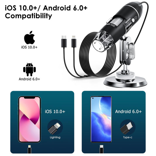USB Digital Microscope, SKYBASIC handheld HD inspection camera with 50-1600x magnification and adjustable stand, 8 LED lights, compatible with iOS and Android devices.