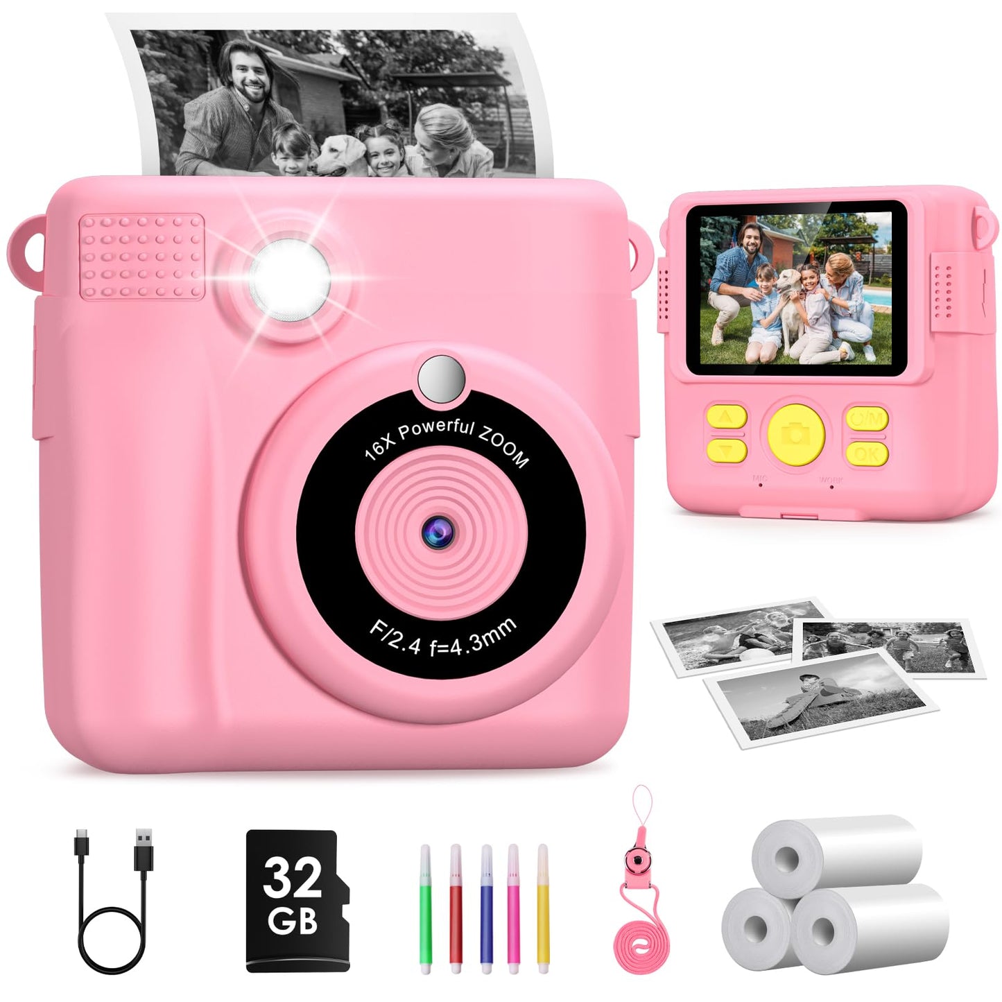 GREENKINDER Kids Camera Instant Camera, 1080P 2.4 Inch Screen Instant Camera for Kids with Printing Paper & 32GB Card, Digital Camera for Kids with Colored Pens Gift for Girls 3-12 Years
