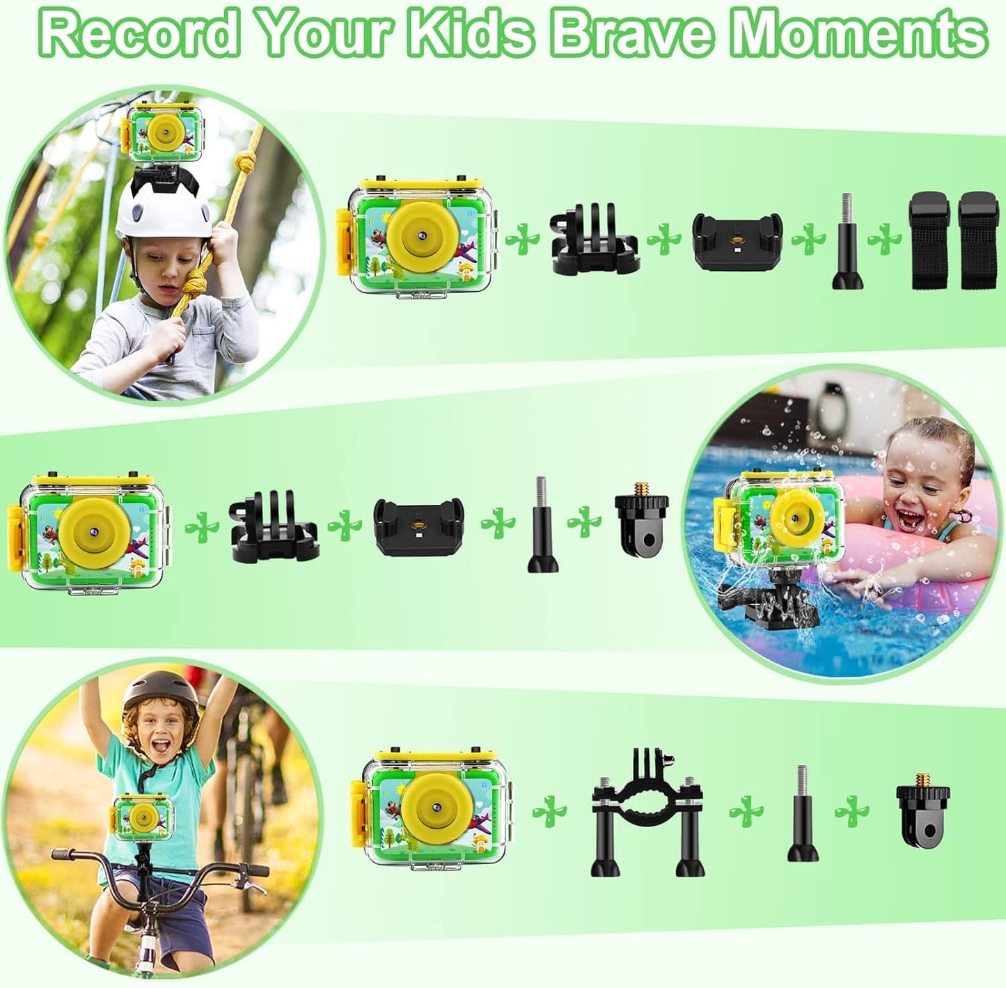 GKTZ kids camera waterproof, 180° rotatable digital action camera for kids, birthday gift toy for children ages 3-12 boys and girls, underwater camera with 32GB SD card, green