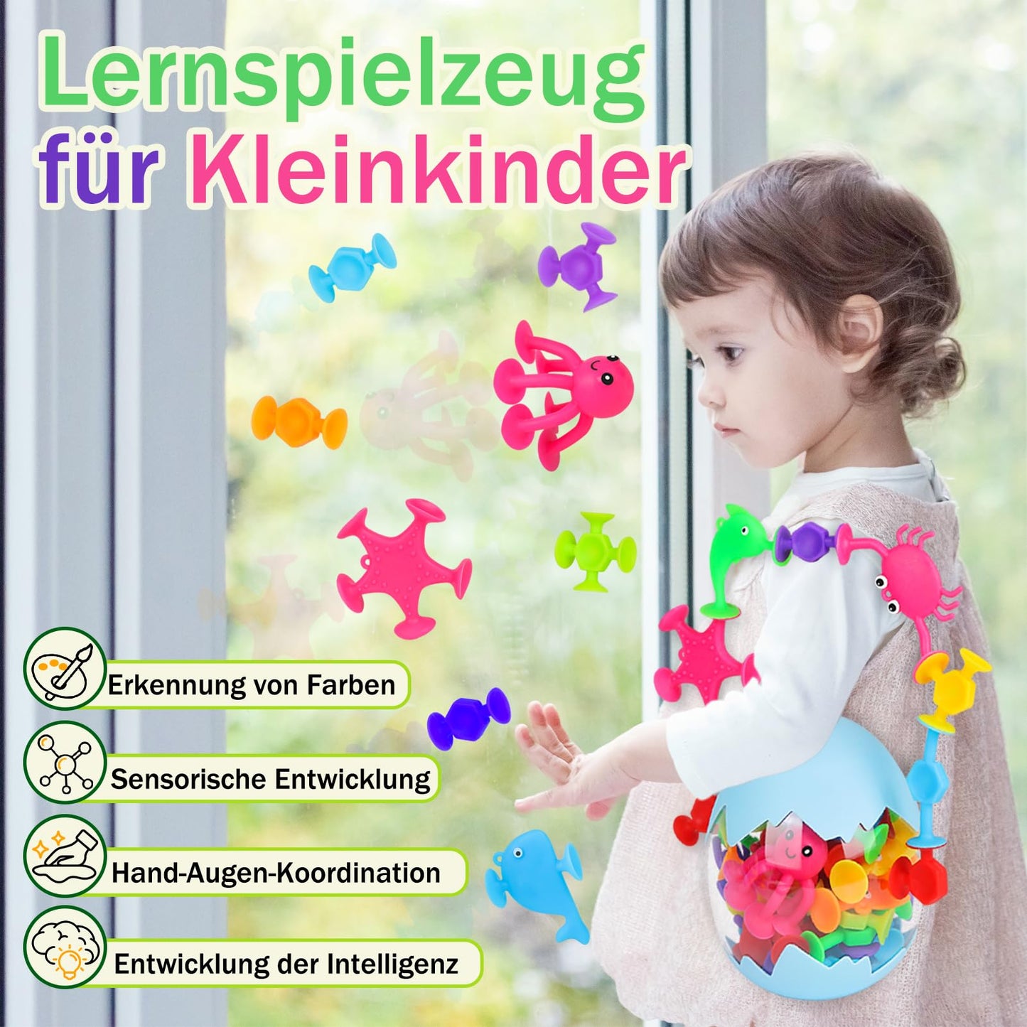 Suction cup toy, 50 pieces sensory silicone building blocks suction toy, bath toy for babies from 3 years with dinosaur egg storage, children stress relief gift for 4 5 6 year old boys and girls.