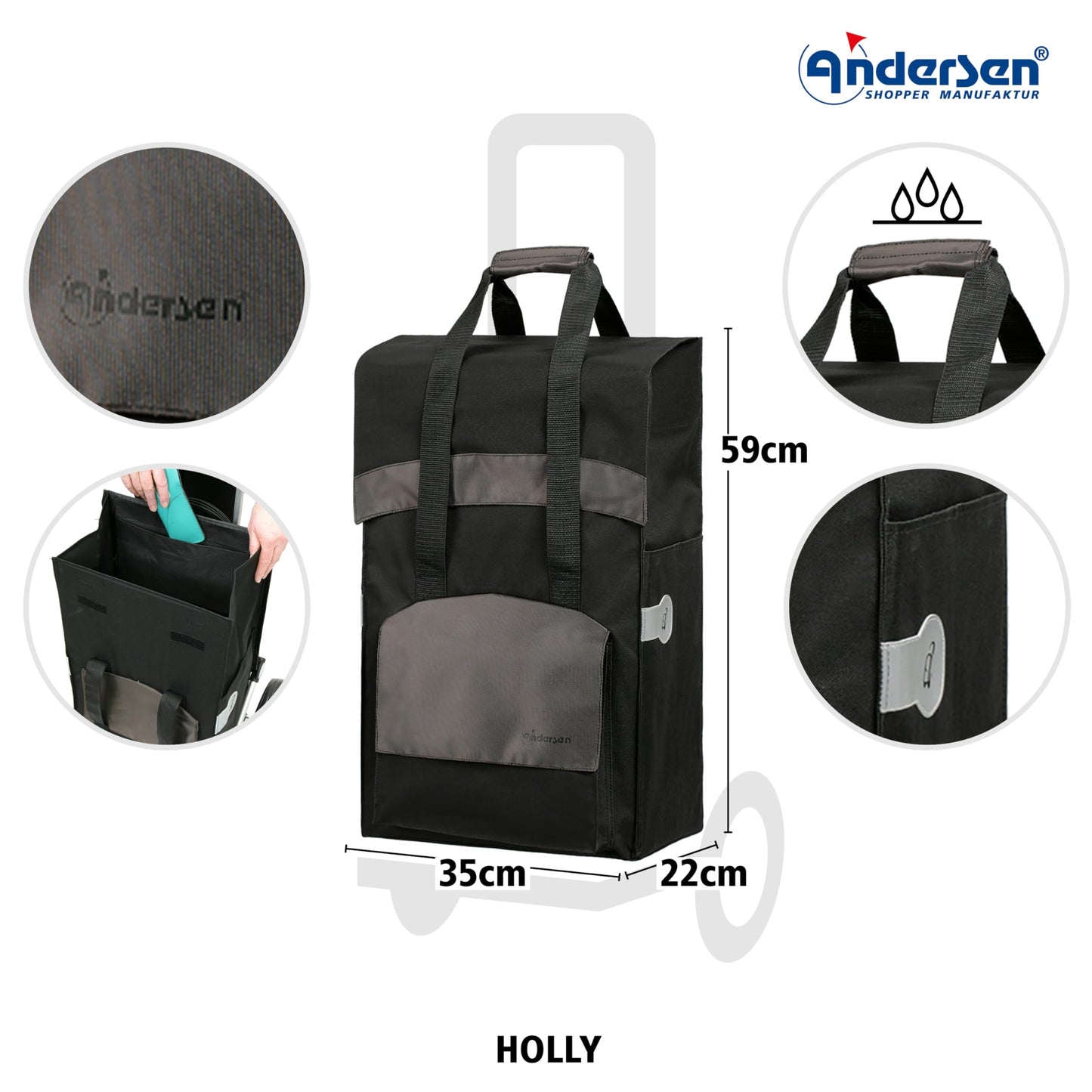 Andersen shopping trolley - foldable - 49 liters - stair climber - load capacity 60 kg - steel frame - trolley - wheel Ø 3 x 13 cm - Royal Shopper Steel Holly black
