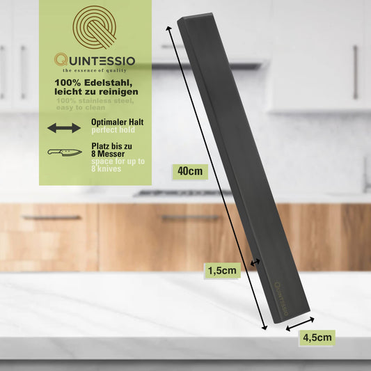 QUINTESSIO - Magnetic Knife Strip Stainless Steel - Self-adhesive or drillable knife holder - 40 cm magnetic knife strip - Kitchen knife magnetic holder - Black