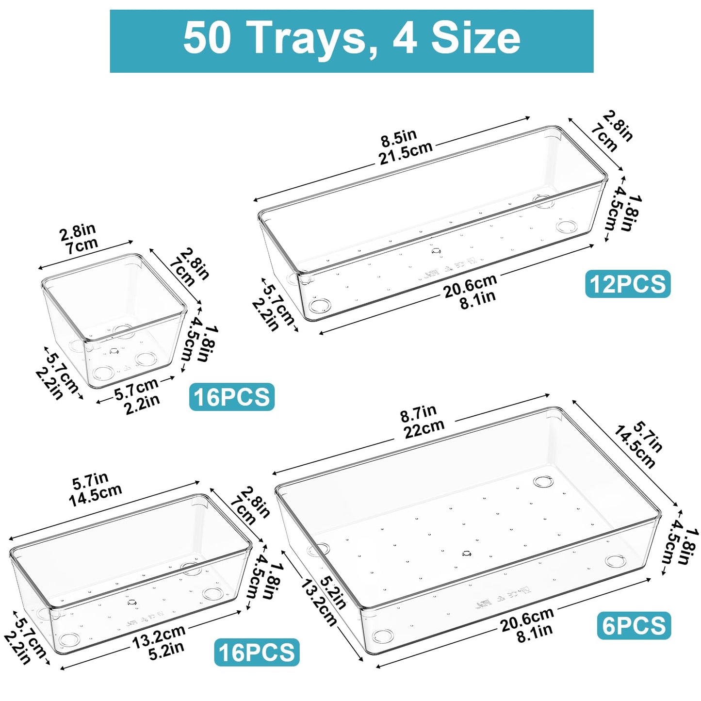 Radikor Drawer Organizer - 50 piece vanity organizer in 4 sizes, Makeup organizer, Drawer organization system for desk, office, kitchen, bathroom.