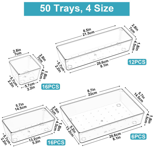 Radikor Drawer Organizer - 50 piece vanity organizer in 4 sizes, Makeup organizer, Drawer organization system for desk, office, kitchen, bathroom.