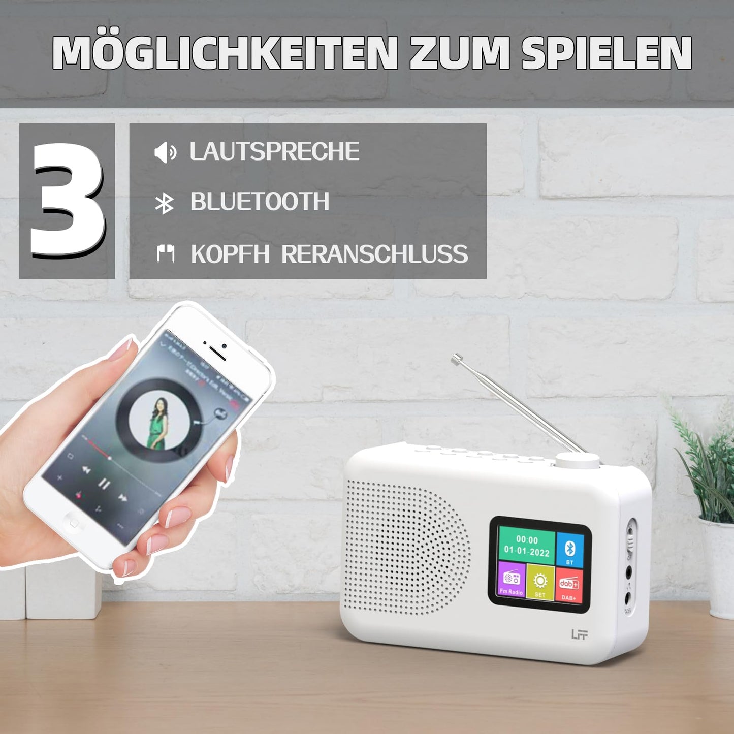 LFF DAB radio, DAB Plus radio, FM digital radio, kitchen radio with cable or battery operation, color display radio with Bluetooth.