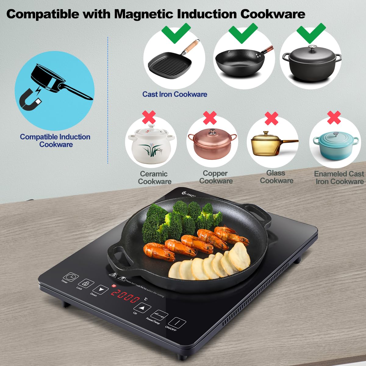 AMZCHEF Induction Cooktop, 2000W Single Induction Hob with slim design, 20 power levels, 20 temperature settings, safety lock, 3-hour timer, black