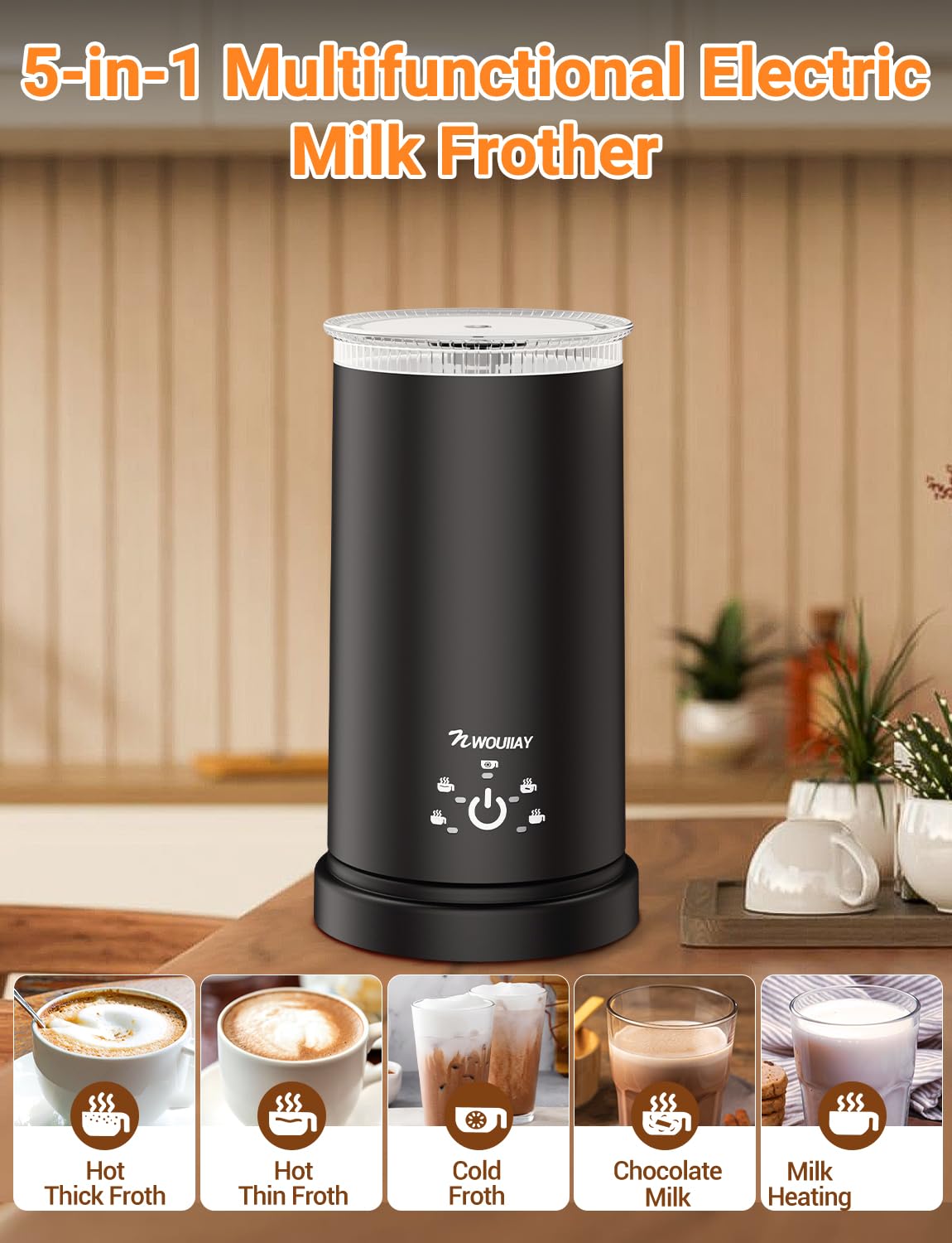 5 in 1 Electric Milk Frother 600W Automatic Milk Frother for 350ml hot/cold milk foam with non-stick coating, One-click control for hot chocolate, latte, cappuccino, etc.
