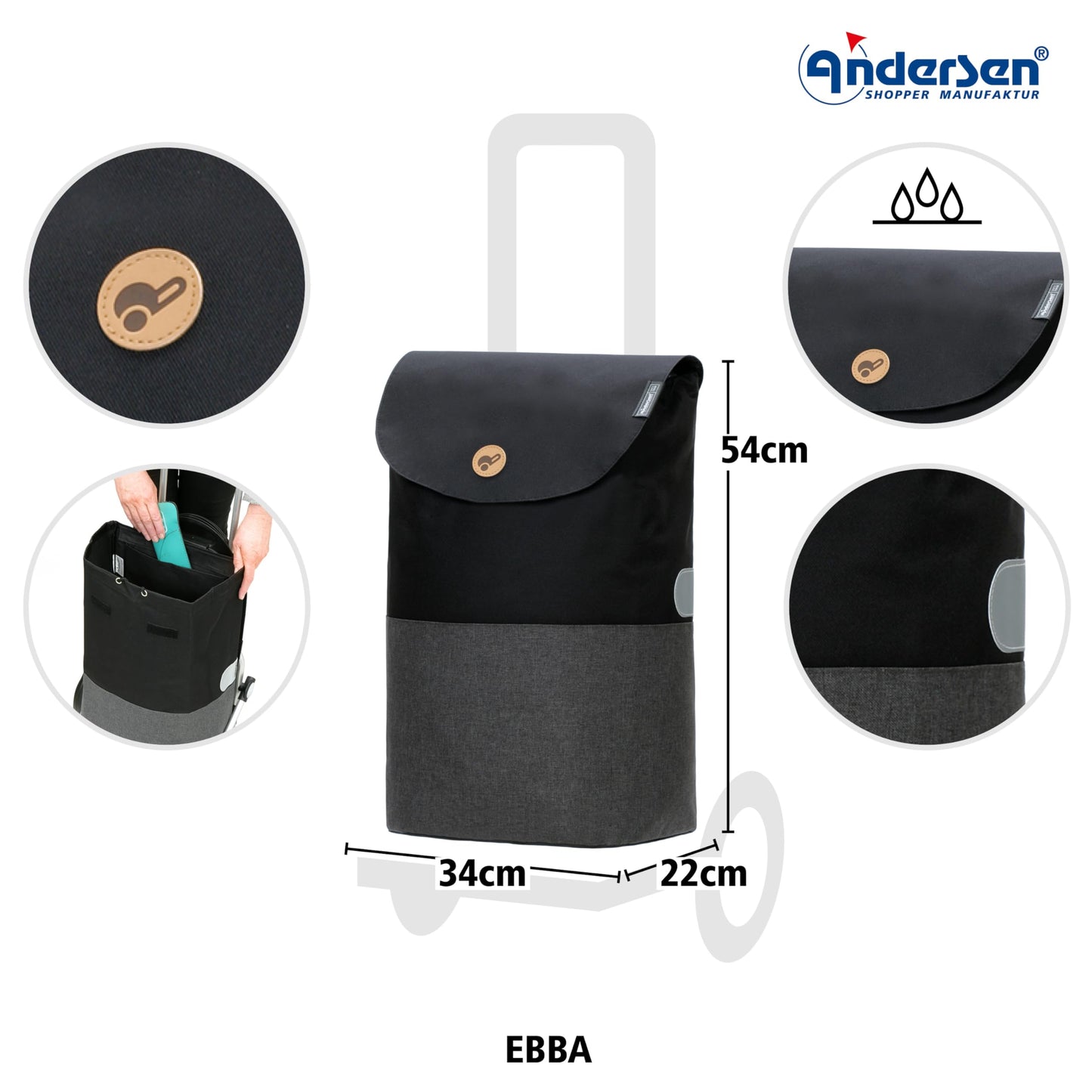 Andersen shopping trolley - foldable - 36 liters - capacity 40 kg - steel frame - trolley - wheel Ø 15 cm - Scala Shopper Ebba black